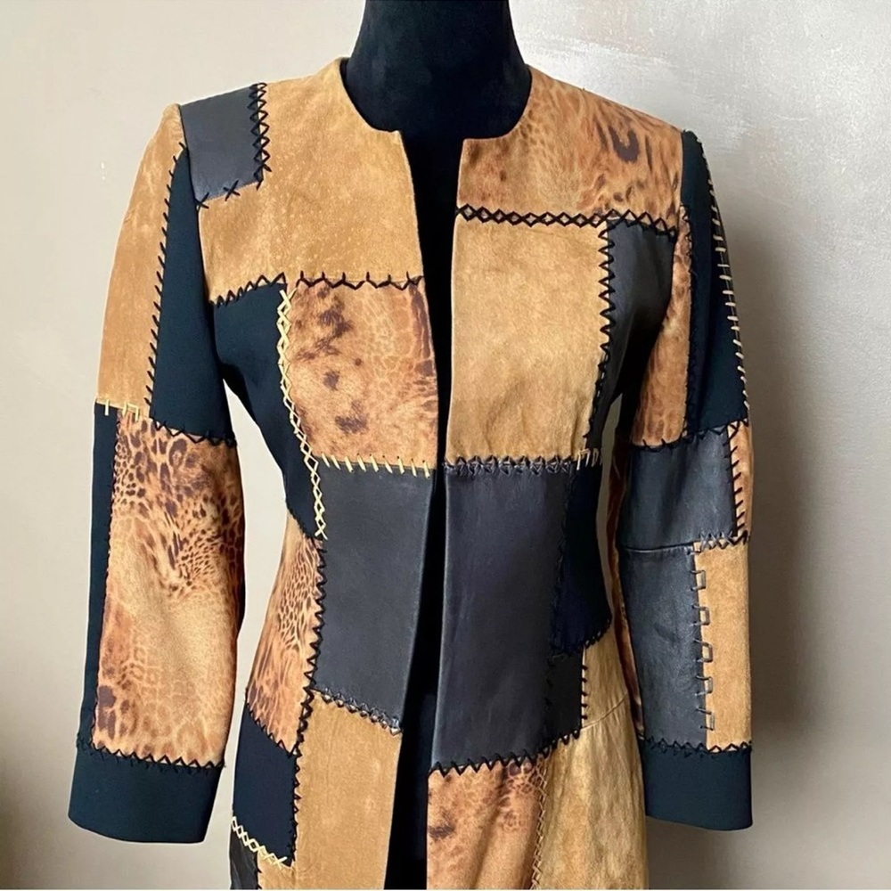 Suede Leather Patchwork Duster Jacket Coat - Picture 5 of 16